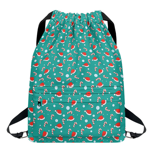 Candy And Santa Claus Hat Pattern Print Drawstring Backpack
