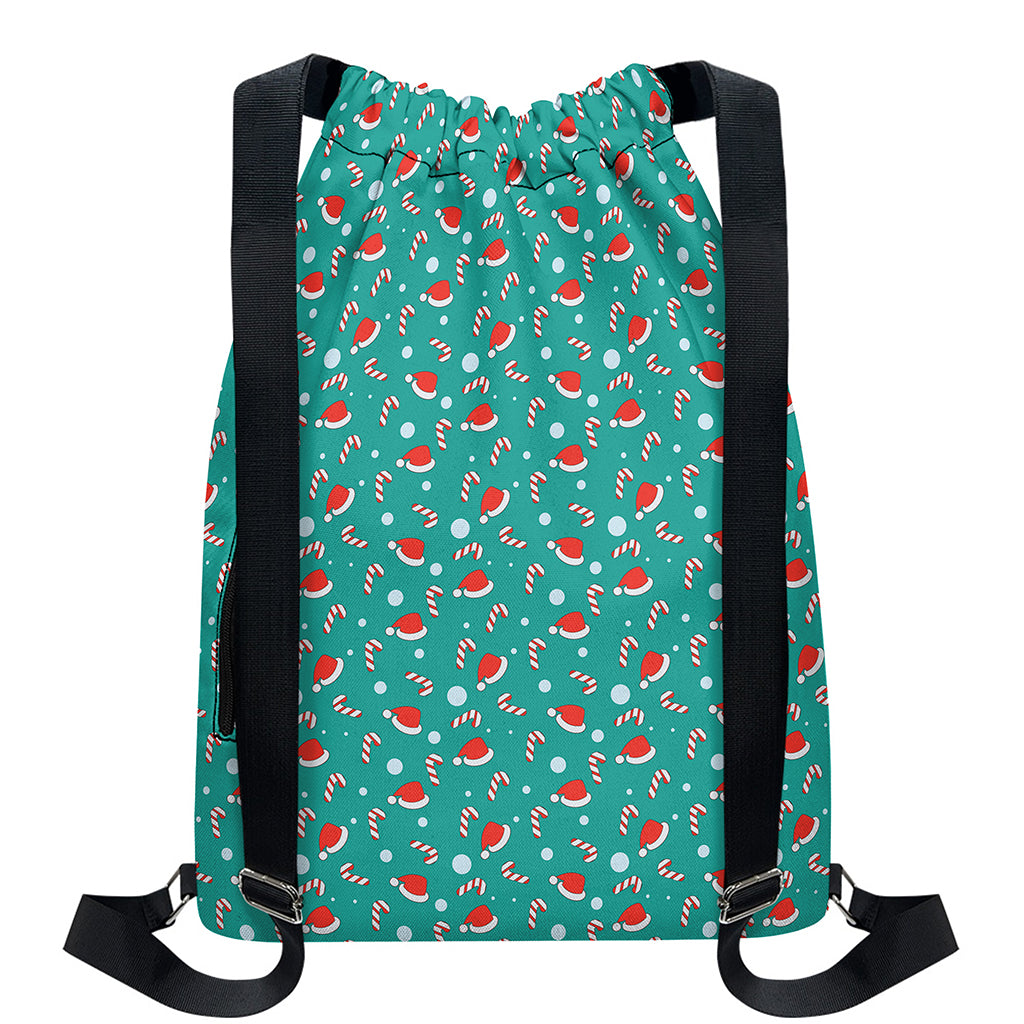 Candy And Santa Claus Hat Pattern Print Drawstring Backpack