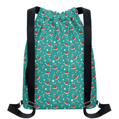 Candy And Santa Claus Hat Pattern Print Drawstring Backpack