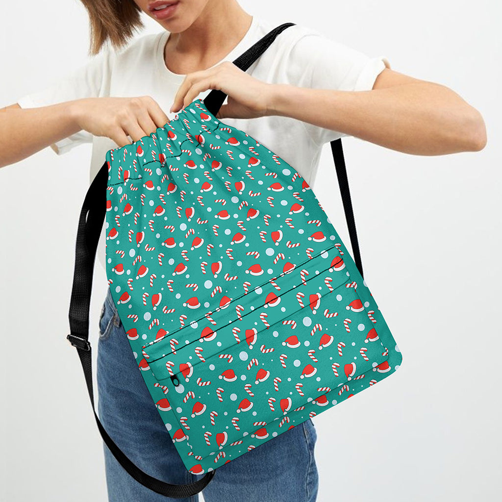 Candy And Santa Claus Hat Pattern Print Drawstring Backpack