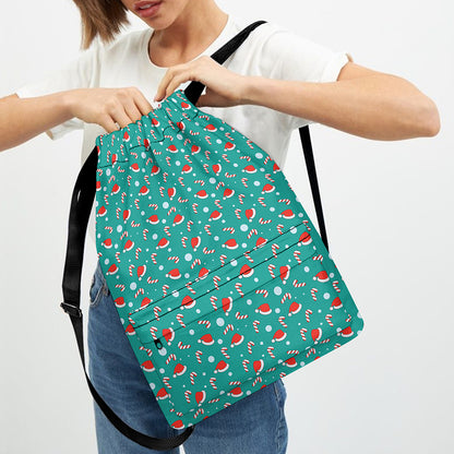 Candy And Santa Claus Hat Pattern Print Drawstring Backpack