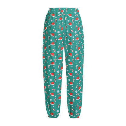 Candy And Santa Claus Hat Pattern Print Fleece Lined Knit Pants