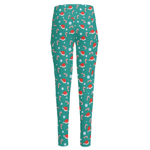 Candy And Santa Claus Hat Pattern Print High-Waisted Pocket Leggings