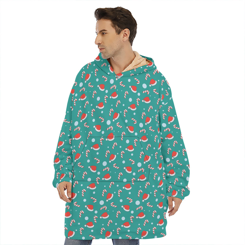 Candy And Santa Claus Hat Pattern Print Hoodie Blanket