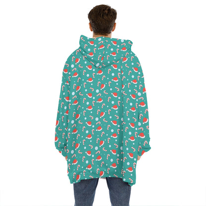 Candy And Santa Claus Hat Pattern Print Hoodie Blanket