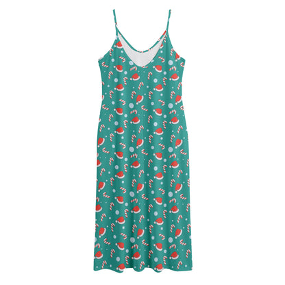 Candy And Santa Claus Hat Pattern Print Jersey Midi Cami Dress