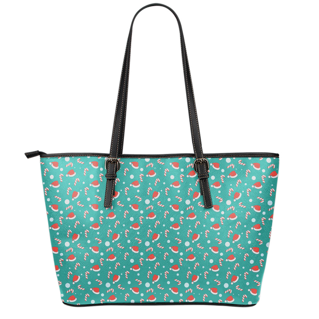 Candy And Santa Claus Hat Pattern Print Leather Tote Bag
