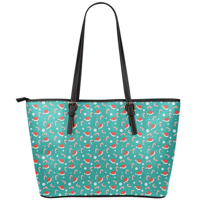 Candy And Santa Claus Hat Pattern Print Leather Tote Bag