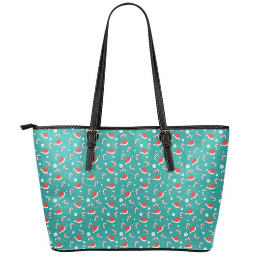 Candy And Santa Claus Hat Pattern Print Leather Tote Bag