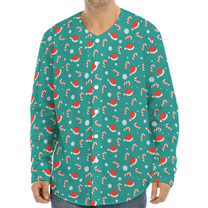 Candy And Santa Claus Hat Pattern Print Long Sleeve Baseball Jersey