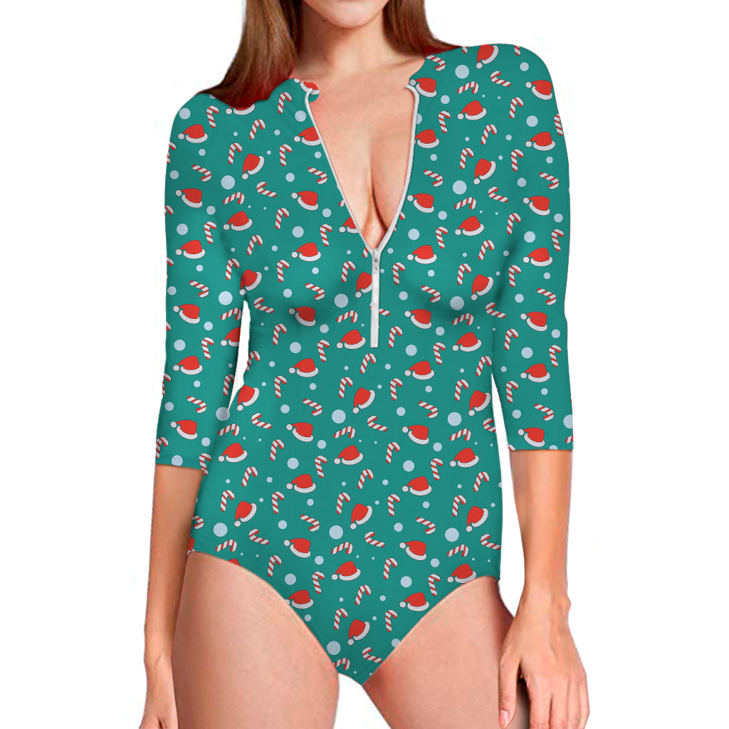 Candy And Santa Claus Hat Pattern Print Long Sleeve Swimsuit