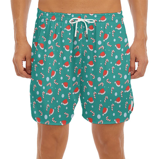 Candy And Santa Claus Hat Pattern Print Men's Split Running Shorts