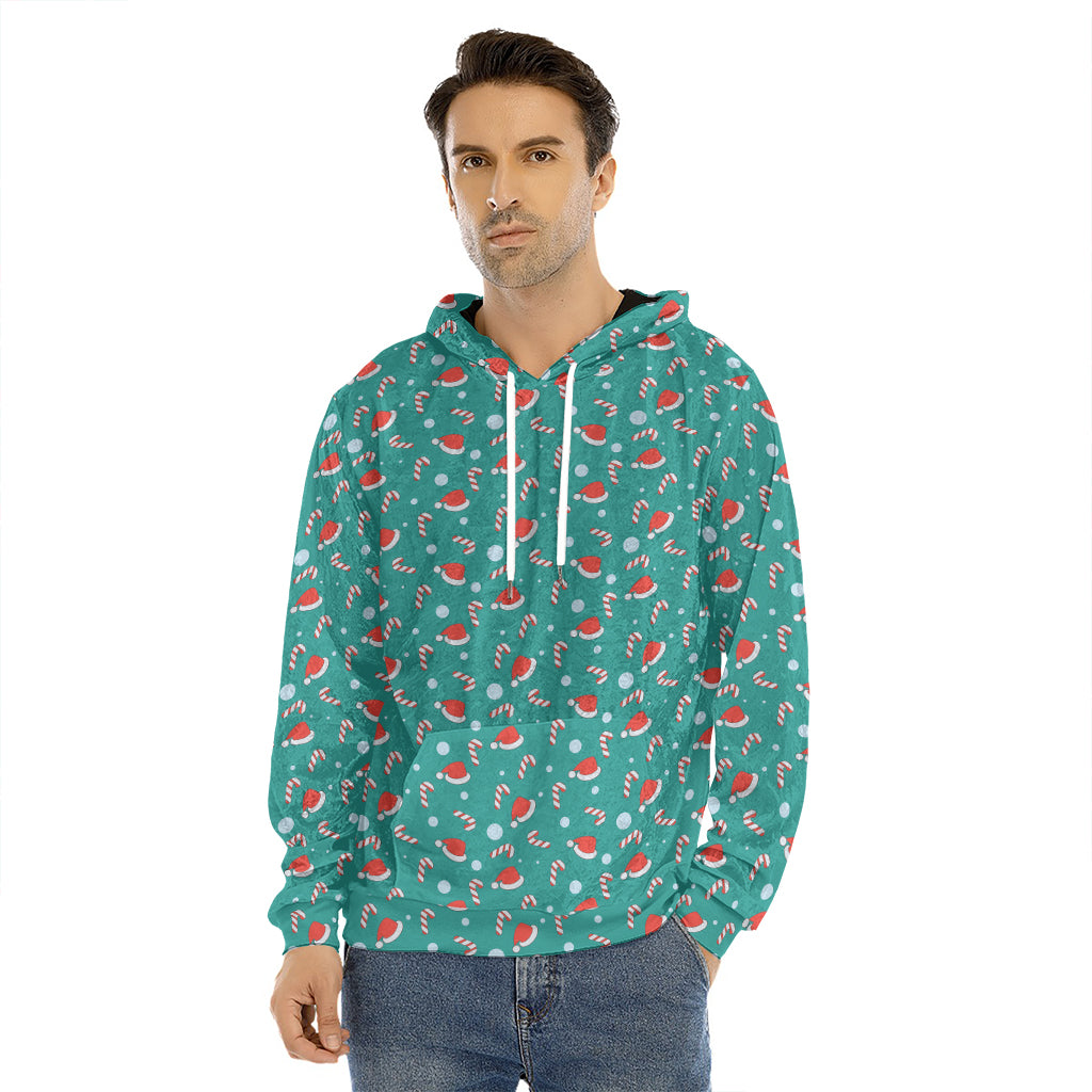 Candy And Santa Claus Hat Pattern Print Men's Velvet Pullover Hoodie