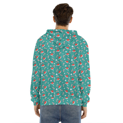 Candy And Santa Claus Hat Pattern Print Men's Velvet Pullover Hoodie