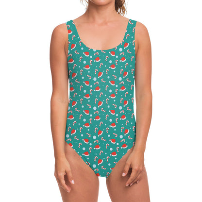 Candy And Santa Claus Hat Pattern Print One Piece Swimsuit