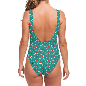 Candy And Santa Claus Hat Pattern Print One Piece Swimsuit