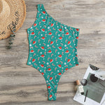 Candy And Santa Claus Hat Pattern Print One Shoulder Bodysuit