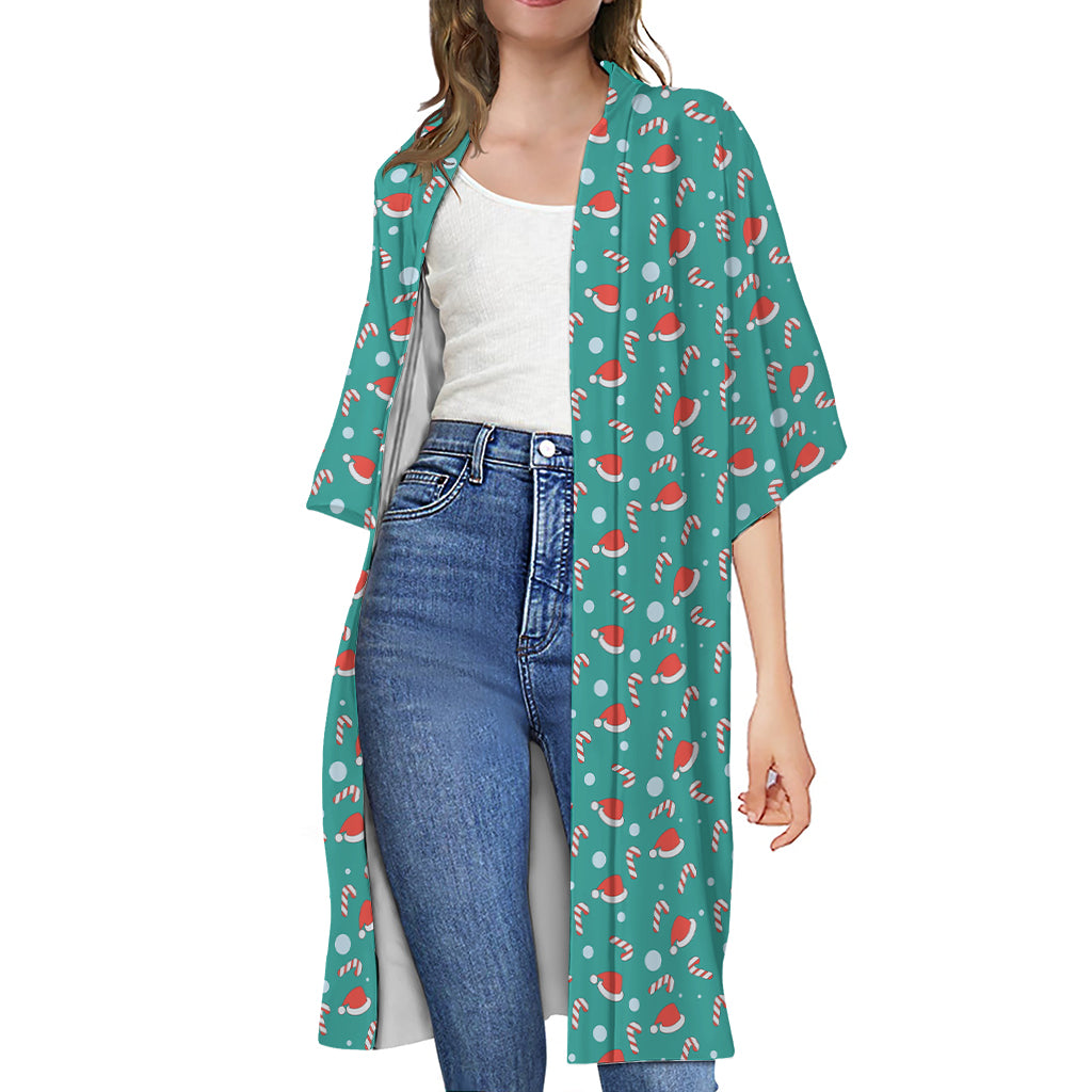 Candy And Santa Claus Hat Pattern Print Open Front Beach Cover Up