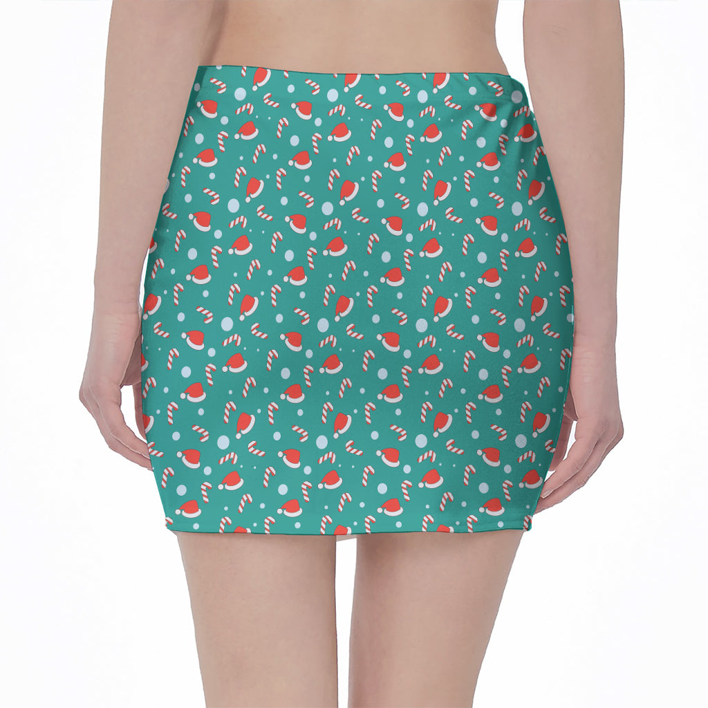 Candy And Santa Claus Hat Pattern Print Pencil Mini Skirt