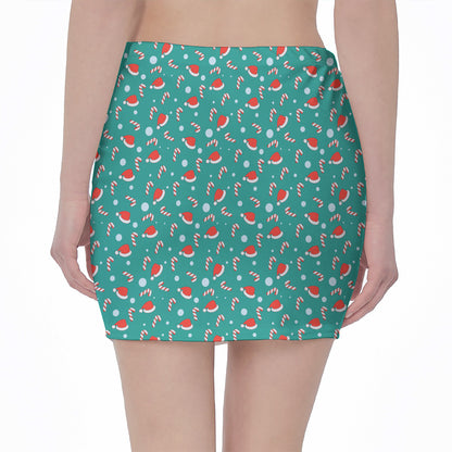 Candy And Santa Claus Hat Pattern Print Pencil Mini Skirt