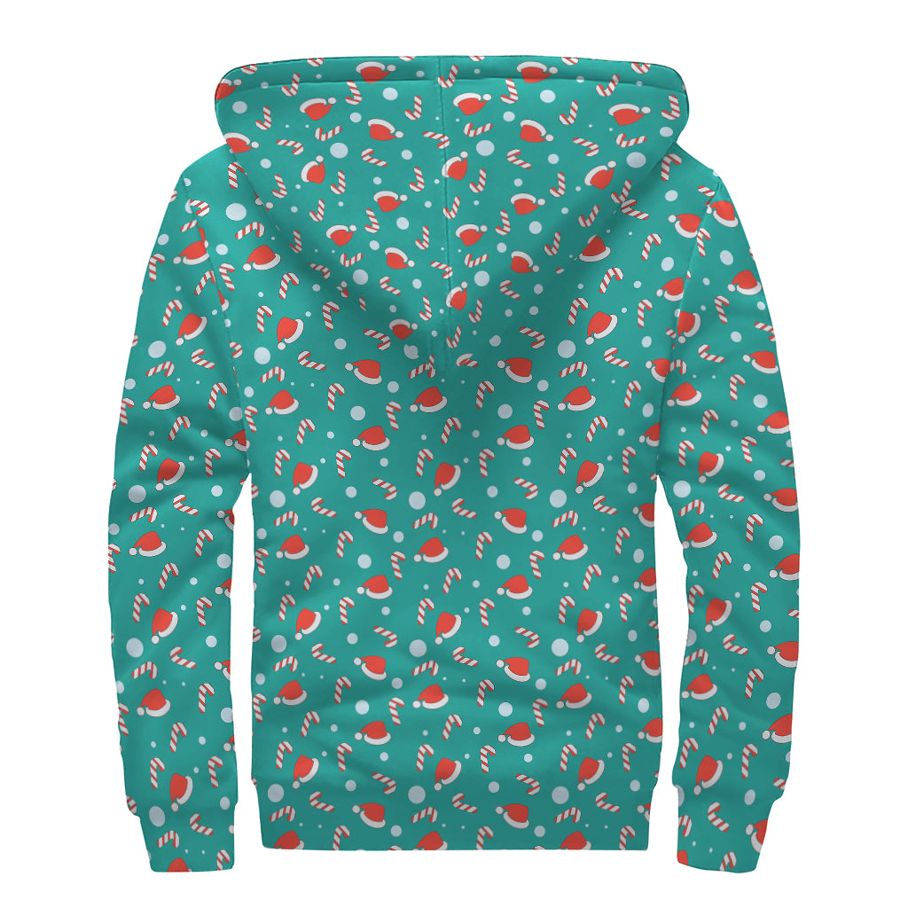 Candy And Santa Claus Hat Pattern Print Sherpa Lined Zip Up Hoodie
