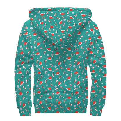 Candy And Santa Claus Hat Pattern Print Sherpa Lined Zip Up Hoodie