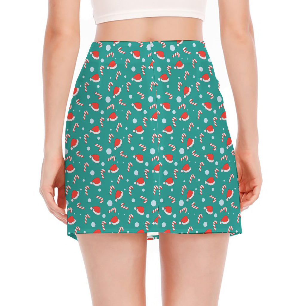 Candy And Santa Claus Hat Pattern Print Side Slit Mini Skirt