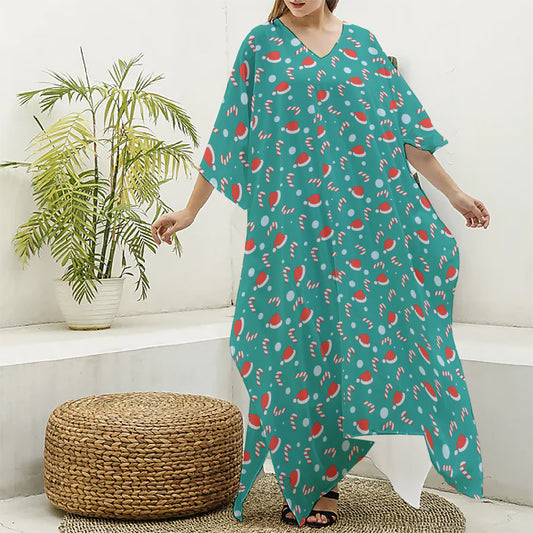 Candy And Santa Claus Hat Pattern Print Silk V-Neck Kaftan Dress