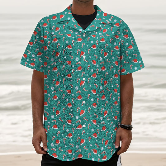 Candy And Santa Claus Hat Pattern Print Textured Short Sleeve Shirt