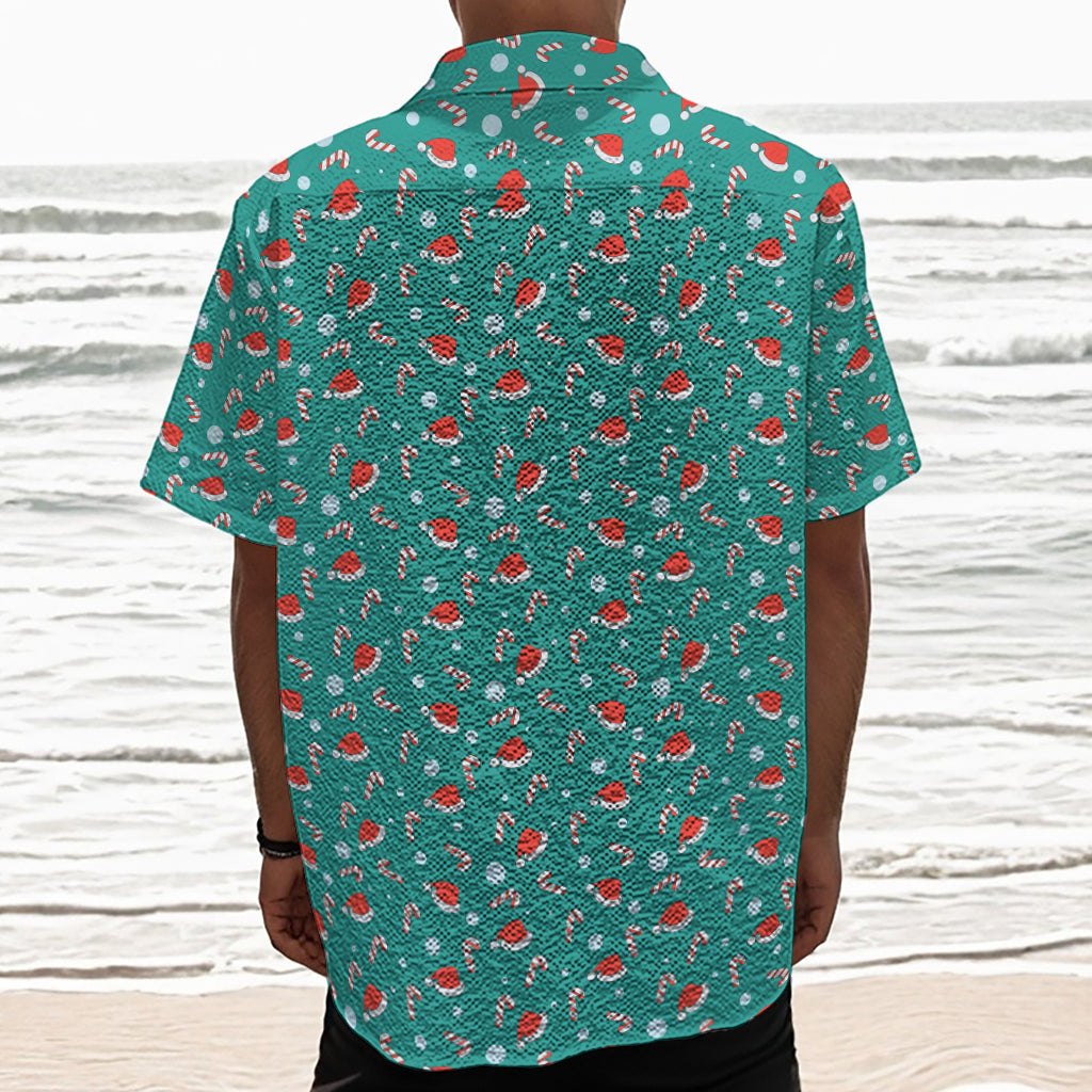 Candy And Santa Claus Hat Pattern Print Textured Short Sleeve Shirt