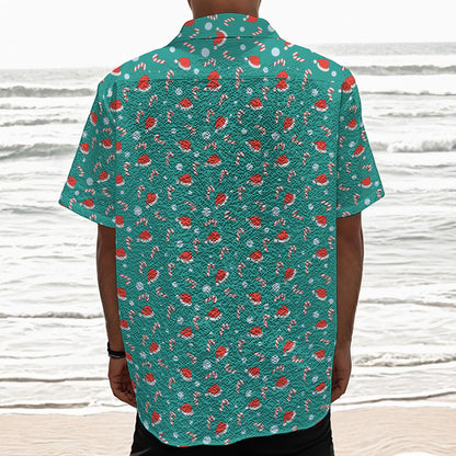 Candy And Santa Claus Hat Pattern Print Textured Short Sleeve Shirt