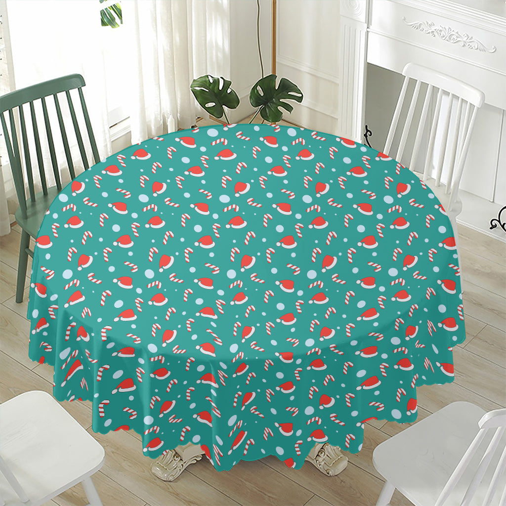 Candy And Santa Claus Hat Pattern Print Waterproof Round Tablecloth