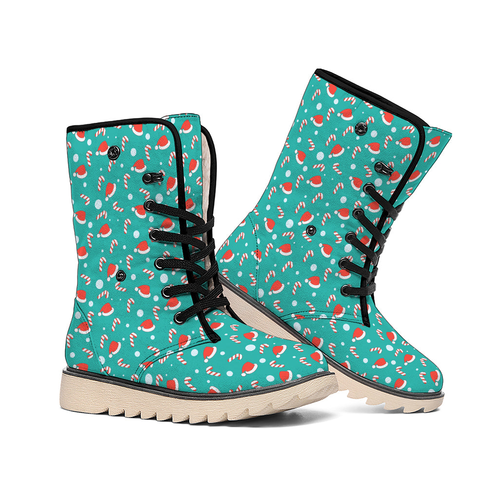 Candy And Santa Claus Hat Pattern Print Winter Boots