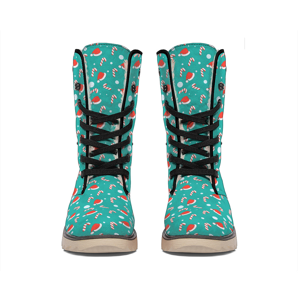 Candy And Santa Claus Hat Pattern Print Winter Boots