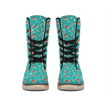 Candy And Santa Claus Hat Pattern Print Winter Boots