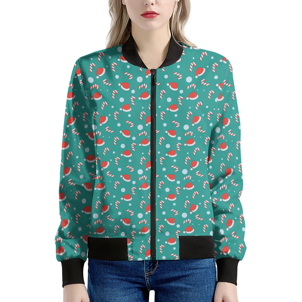 Candy And Santa Claus Hat Pattern Print Women's Bomber Jacket