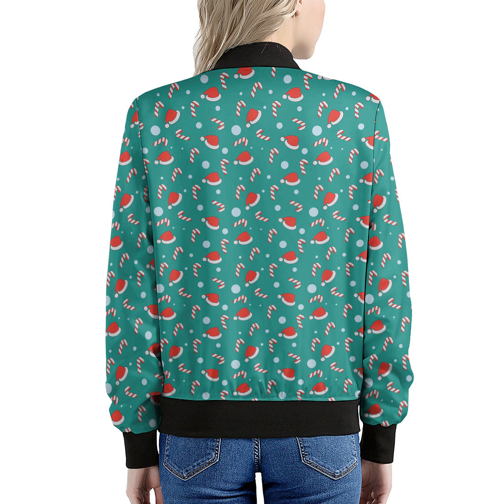 Candy And Santa Claus Hat Pattern Print Women's Bomber Jacket