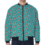 Candy And Santa Claus Hat Pattern Print Zip Sleeve Bomber Jacket