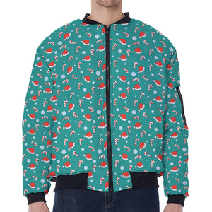 Candy And Santa Claus Hat Pattern Print Zip Sleeve Bomber Jacket