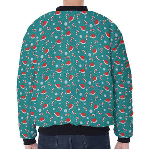 Candy And Santa Claus Hat Pattern Print Zip Sleeve Bomber Jacket