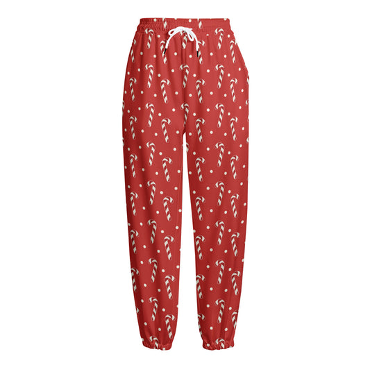 Candy Cane Polka Dot Pattern Print Fleece Lined Knit Pants