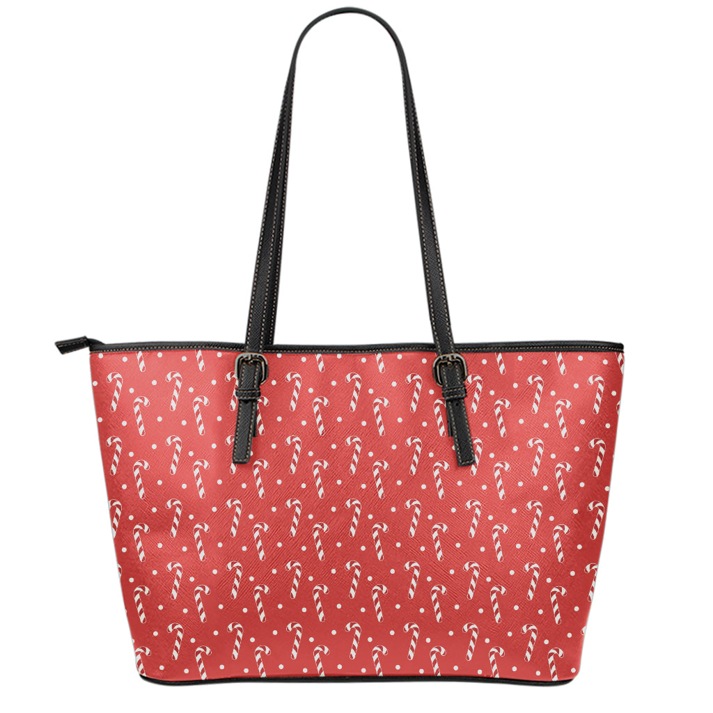 Candy Cane Polka Dot Pattern Print Leather Tote Bag