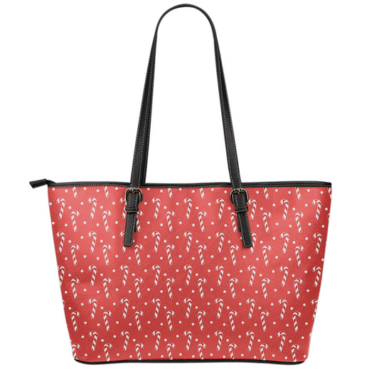Candy Cane Polka Dot Pattern Print Leather Tote Bag