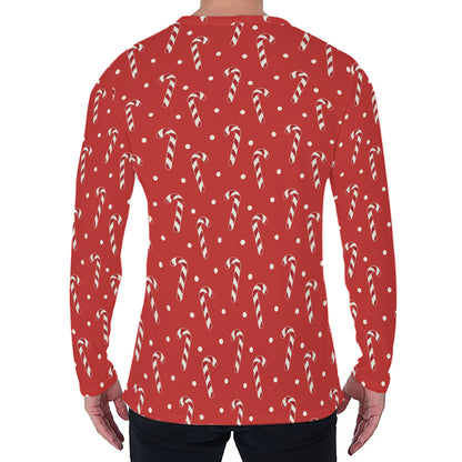 Candy Cane Polka Dot Pattern Print Men's Long Sleeve T-Shirt