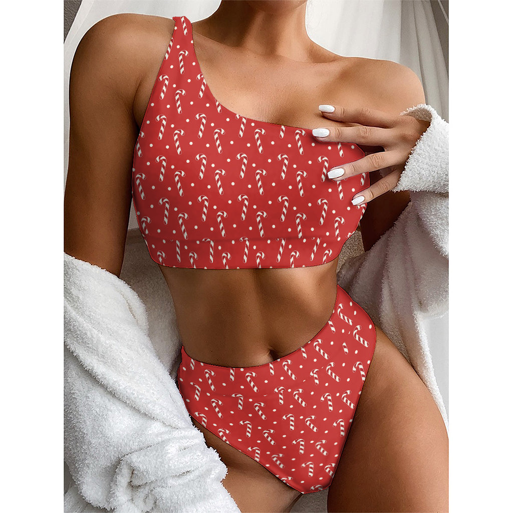 Candy Cane Polka Dot Pattern Print One Shoulder Bikini Top