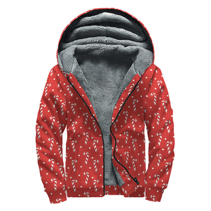 Candy Cane Polka Dot Pattern Print Sherpa Lined Zip Up Hoodie
