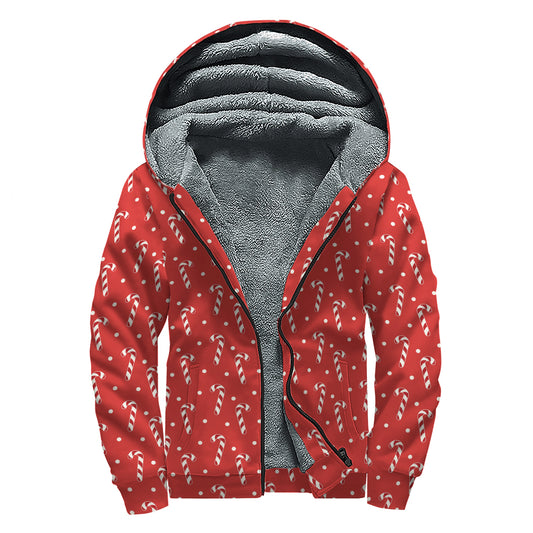 Candy Cane Polka Dot Pattern Print Sherpa Lined Zip Up Hoodie
