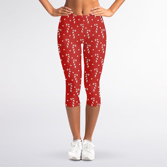 Candy Cane Polka Dot Pattern Print Women's Capri Leggings