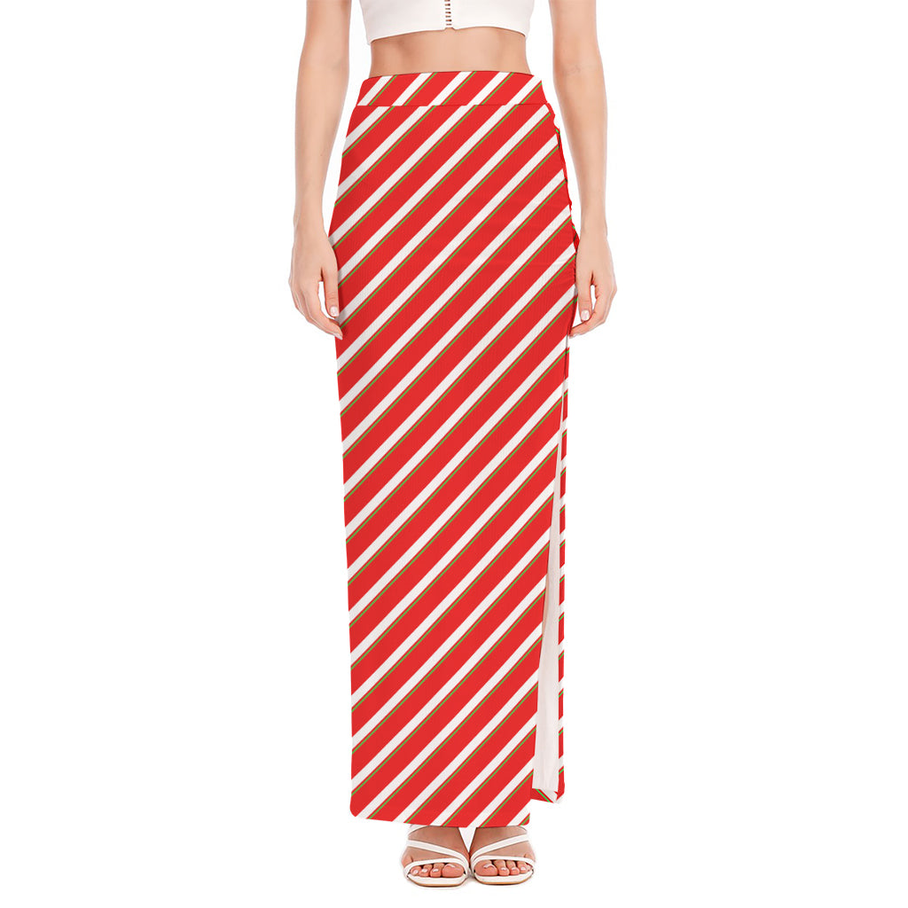 Candy Cane Stripe Pattern Print High Slit Maxi Skirt