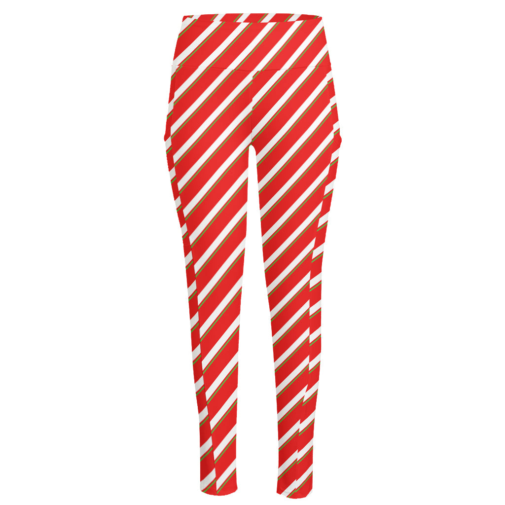 Candy Cane Stripe Pattern Print High-Waisted Pocket Leggings